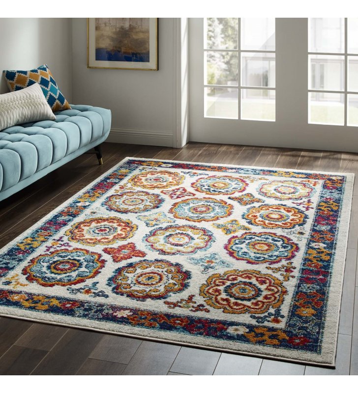 Entourage Odile Distressed Floral Moroccan Trellis 5x8 Area Rug in Ivory, Blue, Red, Orange, Yellow - Lexmod