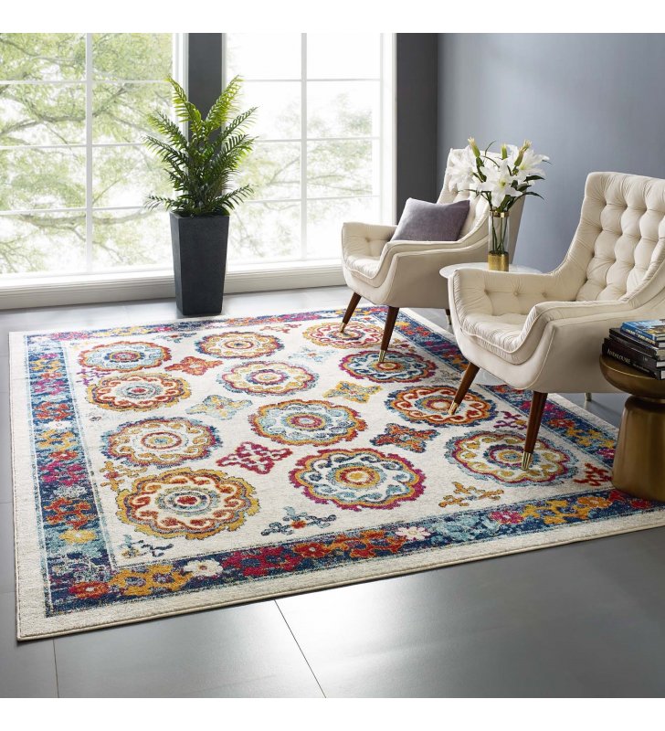 Entourage Odile Distressed Floral Moroccan Trellis 8x10 Area Rug in Ivory, Blue, Red, Orange, Yellow - Lexmod