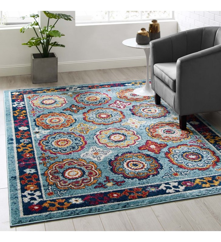 Entourage Odile Distressed Floral Moroccan Trellis 5x8 Area Rug in Blue, Red, Orange Yellow - Lexmod