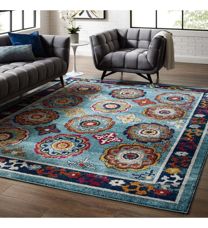 Entourage Odile Distressed Floral Moroccan Trellis 8x10 Area Rug in Blue, Red, Orange Yellow - Lexmod