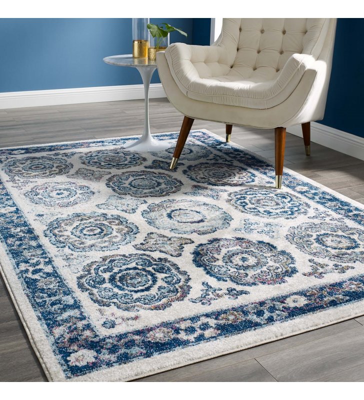 Entourage Odile Distressed Floral Moroccan Trellis 5x8 Area Rug in Ivory and Blue - Lexmod