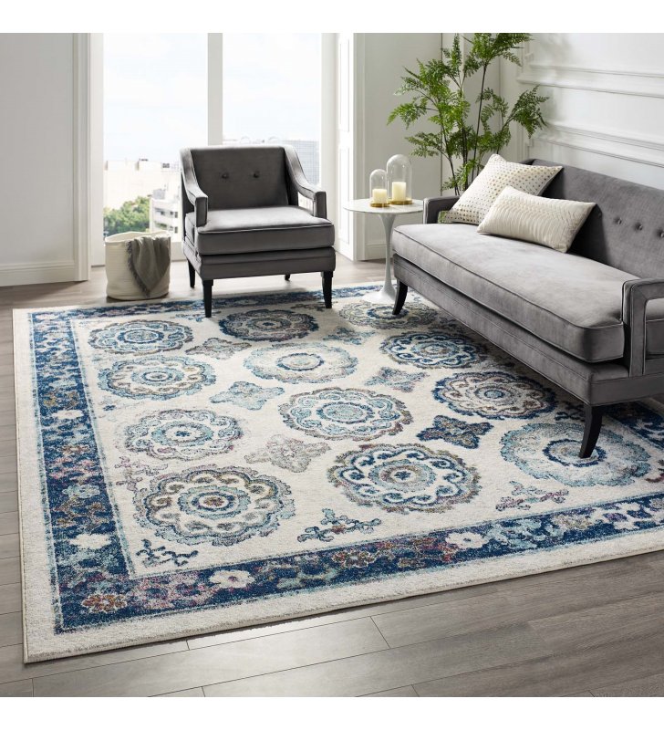 Entourage Odile Distressed Floral Moroccan Trellis 8x10 Area Rug in Ivory and Blue - Lexmod