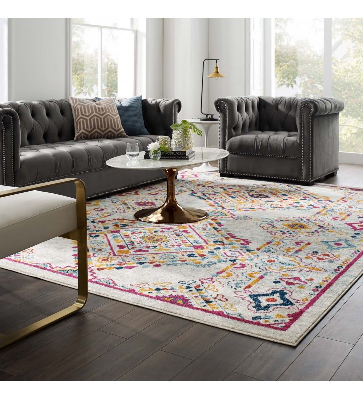 Entourage Khalida Distressed Floral Lattice 8x10 Area Rug in Ivory, Blue, Orange, Yellow, Red - Lexmod
