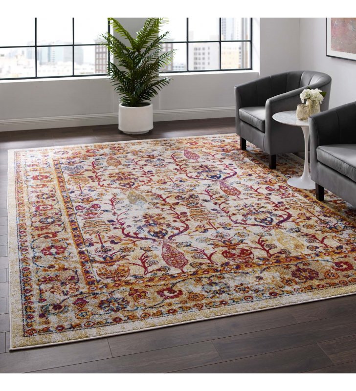 Entourage Jessa Distressed Vintage Floral Lattice 8x10 Area Rug in Ivory, Blue, Orange, Yellow, Red - Lexmod