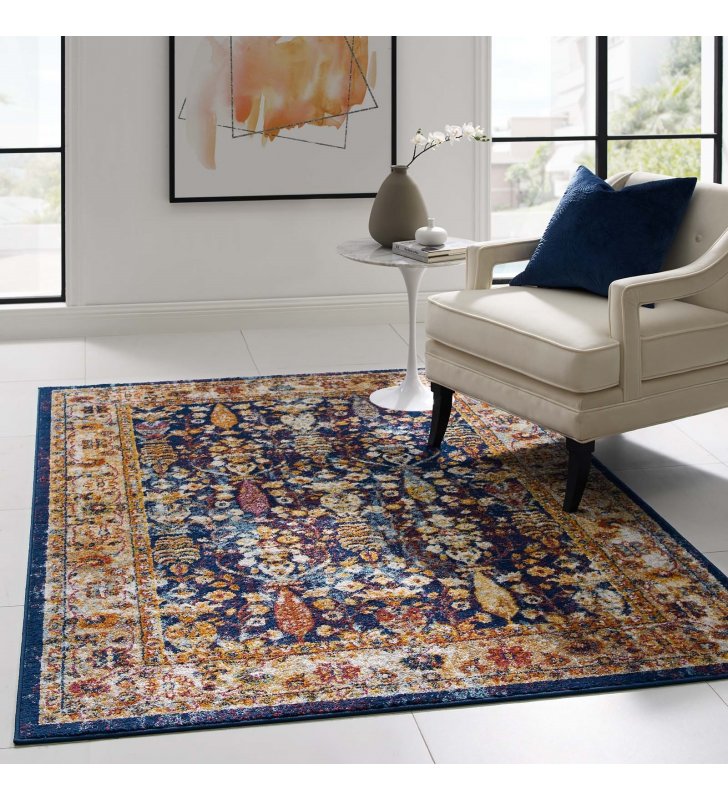 Entourage Jessa Distressed Vintage Floral Lattice 5x8 Area Rug in Blue, Orange, Yellow, Red - Lexmod