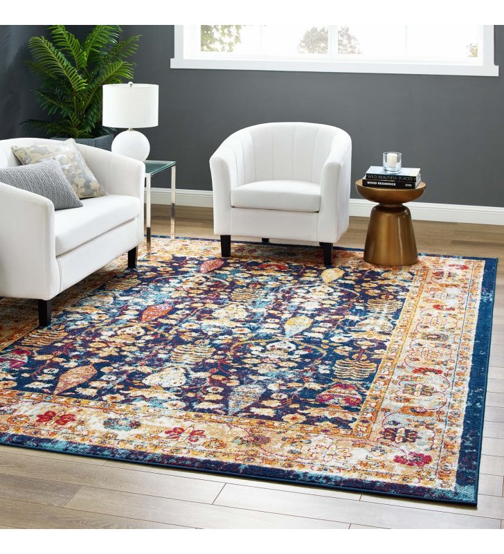 Entourage Jessa Distressed Vintage Floral Lattice 8x10 Area Rug in Blue, Orange, Yellow, Red - Lexmod