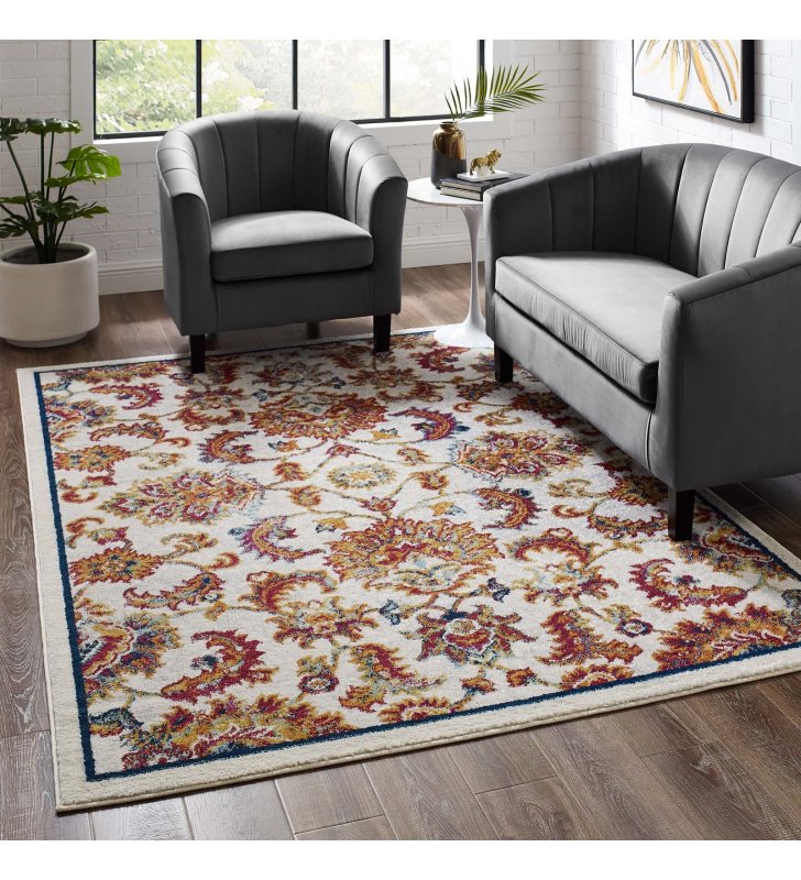 Entourage Azami Distressed Vintage Floral Lattice 5x8 Area Rug in Ivory, Blue, Orange, Yellow, Red - Lexmod