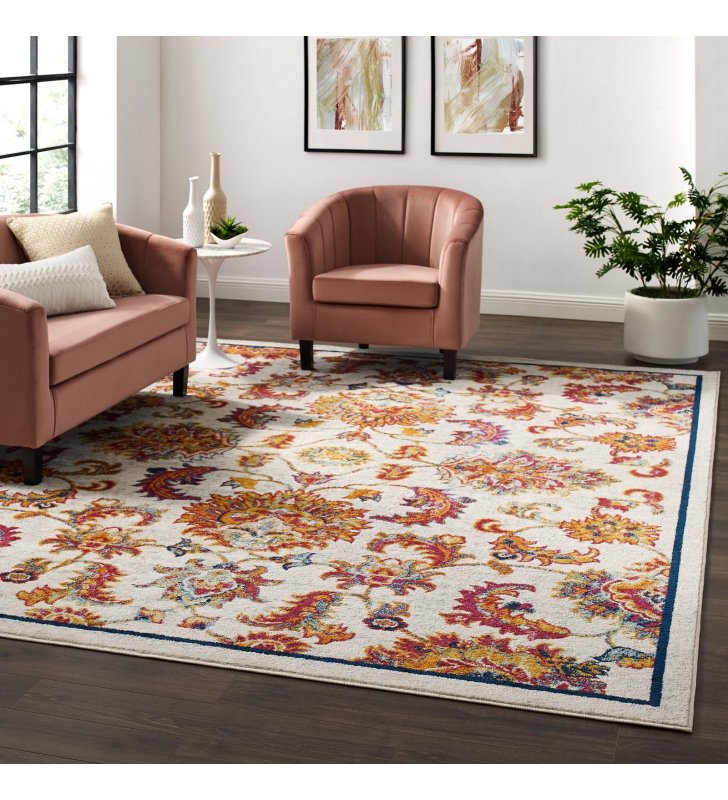 Entourage Azami Distressed Vintage Floral Lattice 8x10 Area Rug in Ivory, Blue, Orange, Yellow, Red - Lexmod