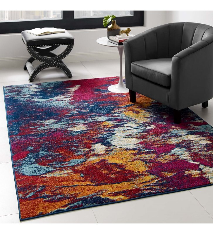 Entourage Foliage Contemporary Modern Abstract 5x8 Area Rug in Blue, Orange, Yellow, Red - Lexmod
