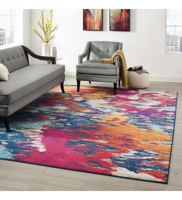 Entourage Foliage Contemporary Modern Abstract 8x10 Area Rug in Blue, Orange, Yellow, Red - Lexmod