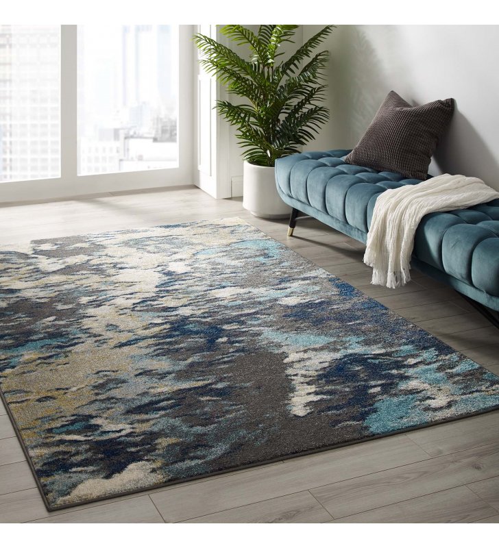 Entourage Foliage Contemporary Modern Abstract 5x8 Area Rug in Blue, Tan, Gray - Lexmod