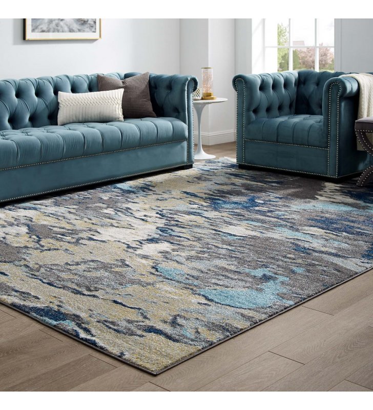 Entourage Foliage Contemporary Modern Abstract 8x10 Area Rug in Blue, Tan, Gray - Lexmod
