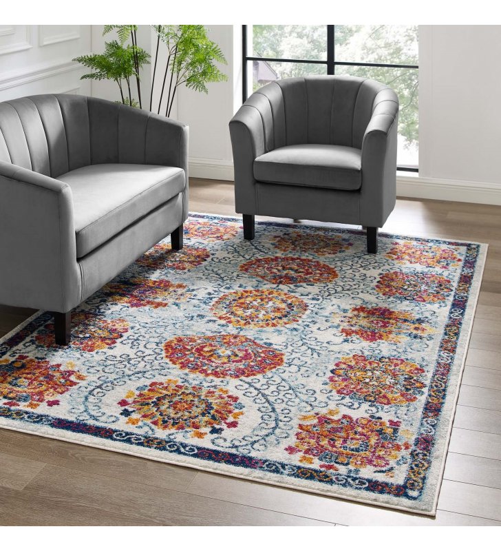 Entourage Kensie Distressed Floral Moroccan Trellis 5x8 Area Rug in Ivory, Blue, Red,Orange,Yellow - Lexmod