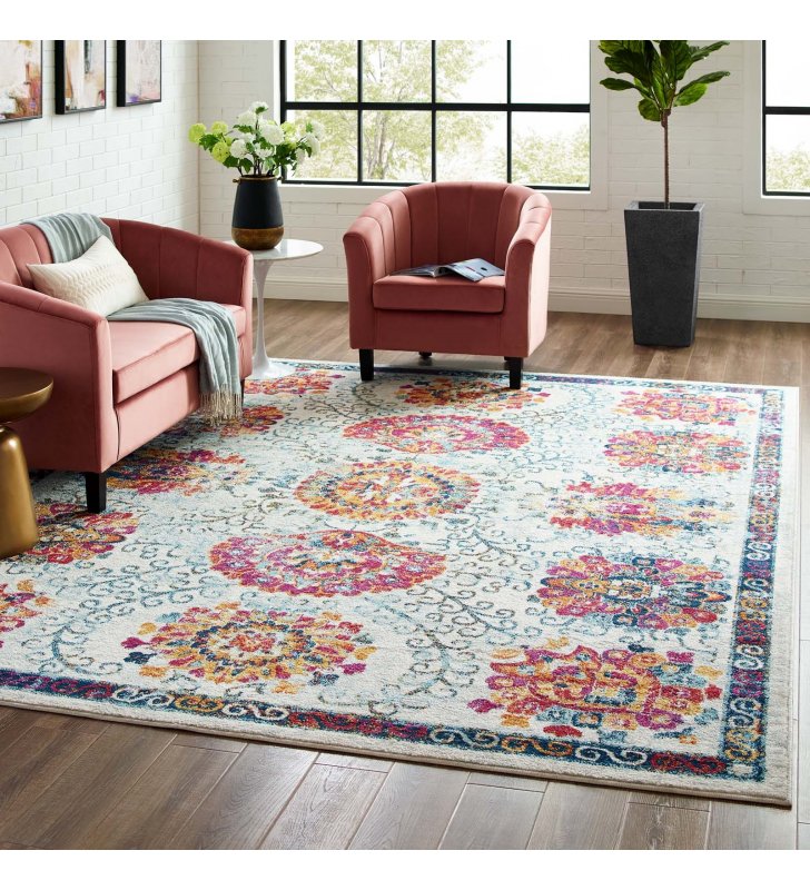 Entourage Kensie Distressed Floral Moroccan Trellis  8x10 Area Rug in Ivory, Blue, Red,Orange,Yellow - Lexmod