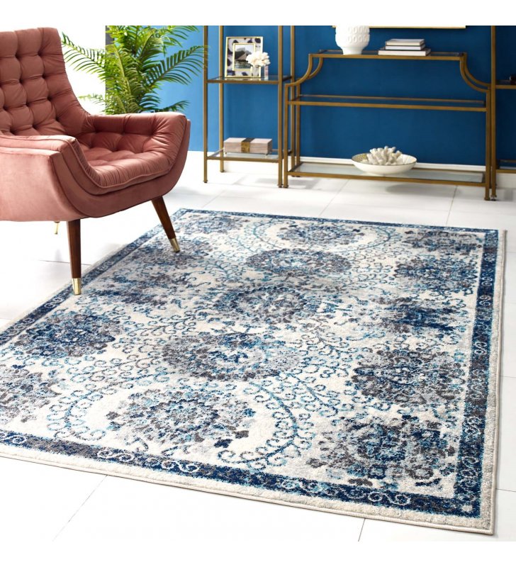 Entourage Kensie Distressed Floral Moroccan Trellis 5x8 Area Rug in Ivory and Blue - Lexmod