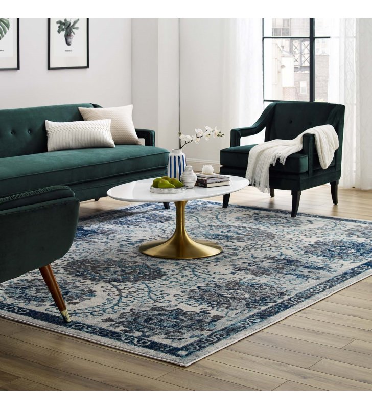 Entourage Kensie Distressed Floral Moroccan Trellis  8x10 Area Rug in Ivory and Blue - Lexmod