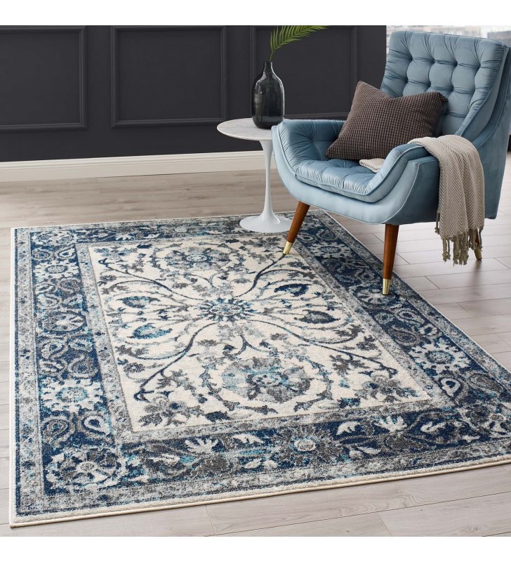 Entourage Samira Distressed Vintage Floral Persian Medallion 5x8 Area Rug in Ivory and Blue - Lexmod