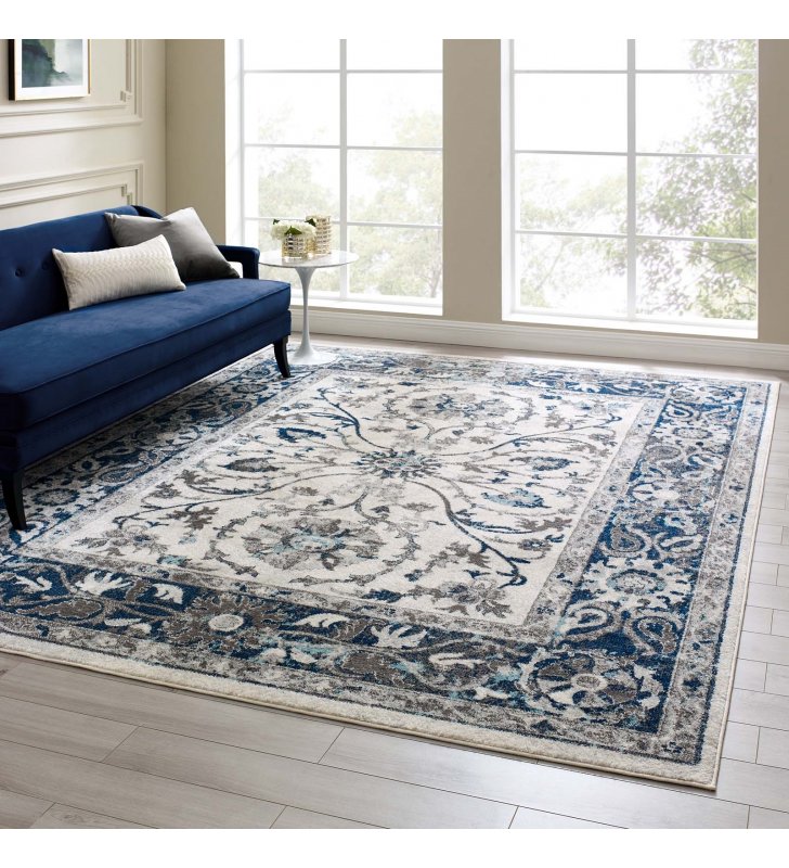 Entourage Samira Distressed Vintage Floral Persian Medallion 8x10 Area Rug in Ivory and Blue - Lexmod