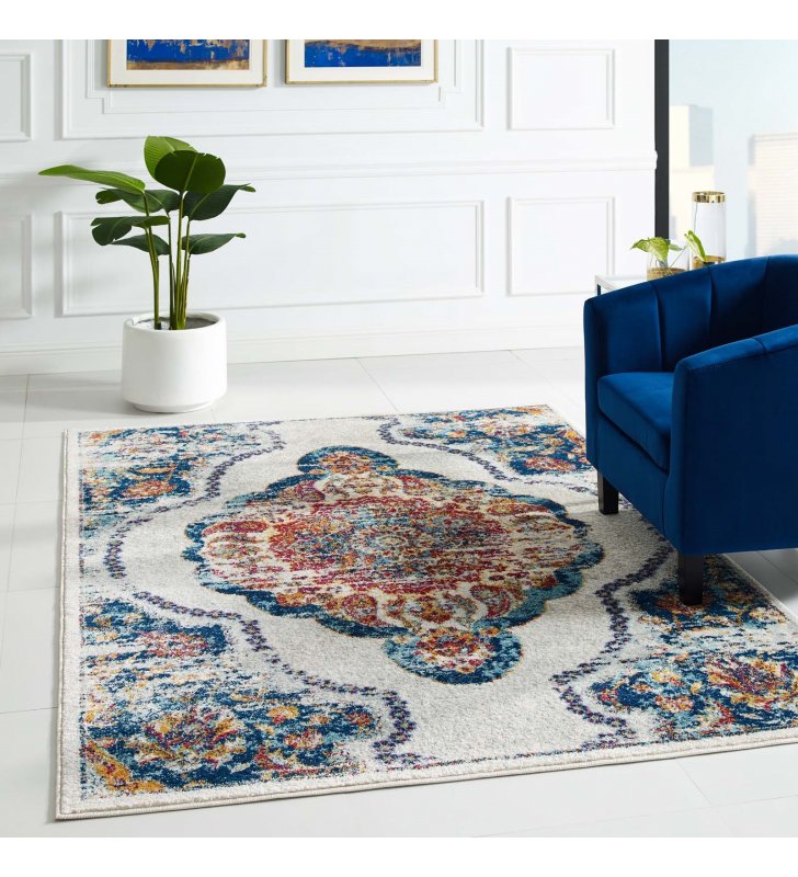 Entourage Malia Distressed Vintage Floral Persian Medallion 5x8 Area Rug in Multicolored - Lexmod