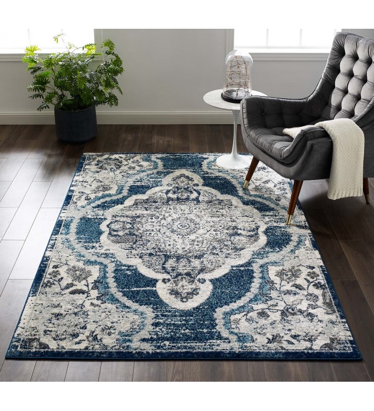 Entourage Malia Distressed Vintage Floral Persian Medallion 5x8 Area Rug in Ivory and Blue - Lexmod