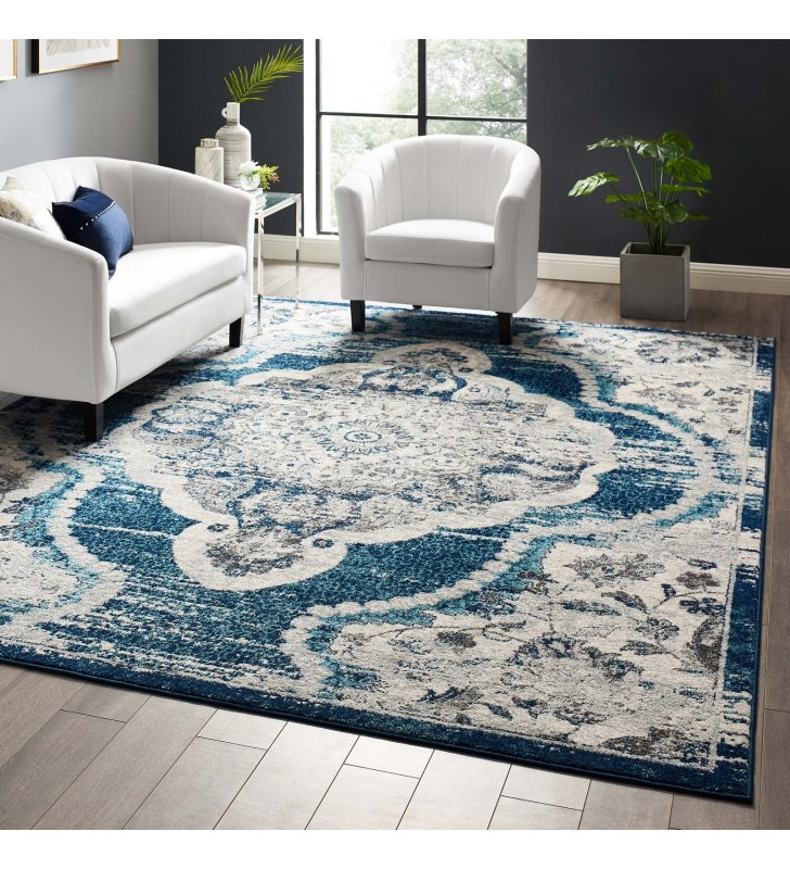 Entourage Malia Distressed Vintage Floral Persian Medallion 8x10 Area Rug in Ivory and Blue - Lexmod