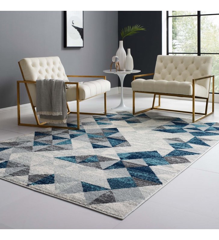 Entourage Elettra Distressed Geometric Triangle Mosaic 5x8 Area Rug in Gray and Blue - Lexmod