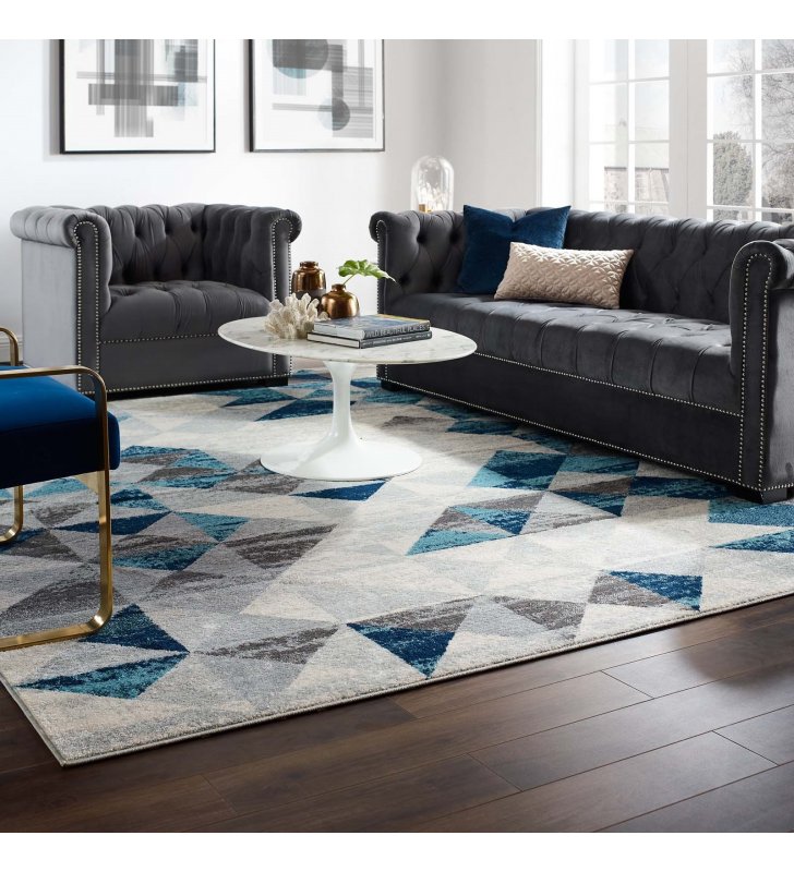 Entourage Elettra Distressed Geometric Triangle Mosaic 8x10 Area Rug in Gray and Blue - Lexmod