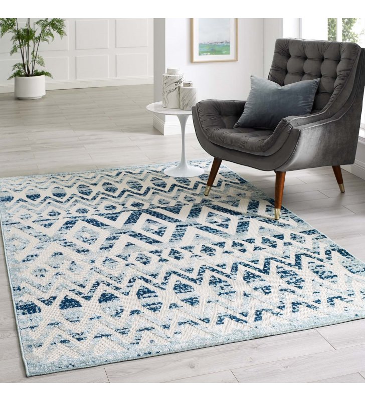 Reflect Tamako Diamond and Chevron Moroccan Trellis 5x8 Indoor / Outdoor Area Rug in Ivory and Blue - Lexmod