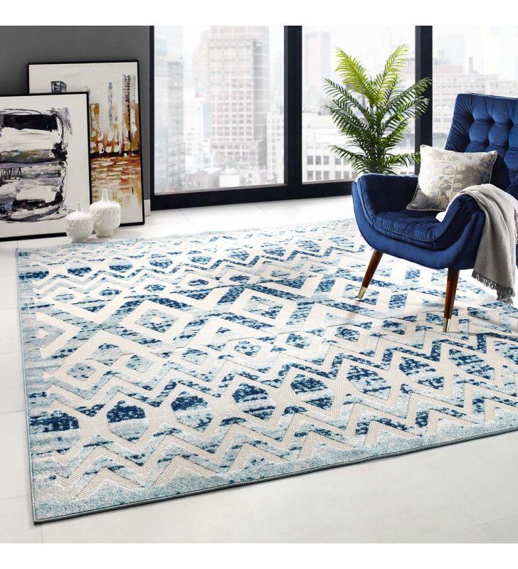 Reflect Tamako Diamond and Chevron Moroccan Trellis 8x10 Indoor / Outdoor Area Rug in Ivory and Blue - Lexmod