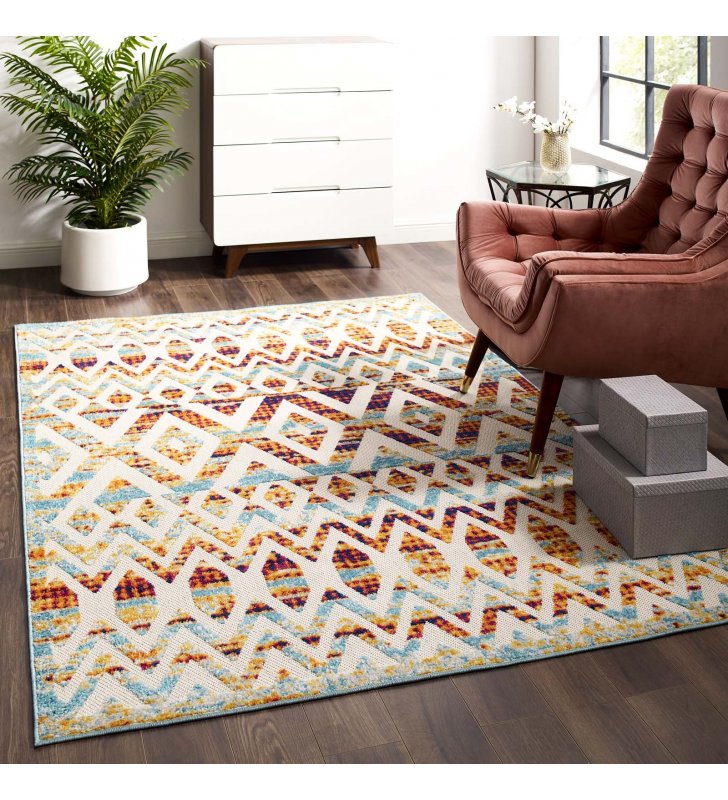 Reflect Tamako Diamond and Chevron Moroccan Trellis 5x8 Indoor / Outdoor Area Rug in Multicolored - Lexmod