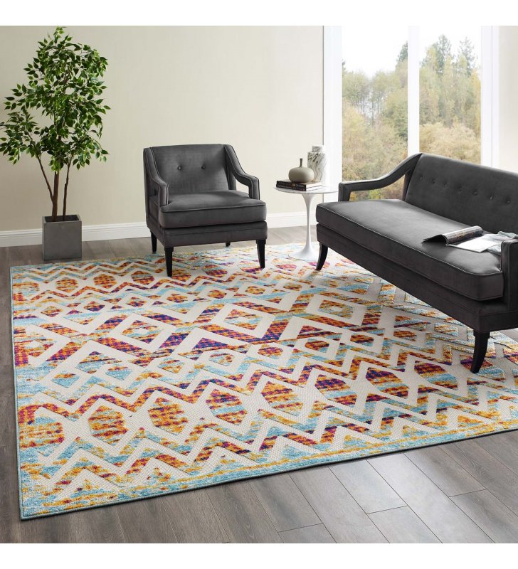 Reflect Tamako Diamond and Chevron Moroccan Trellis 8x10 Indoor / Outdoor Area Rug in Multicolored - Lexmod