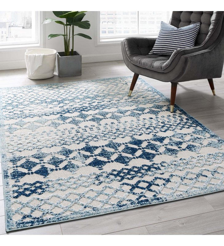Reflect Giada Abstract Diamond Moroccan Trellis 5x8 Indoor/Outdoor Area Rug in Ivory and Blue - Lexmod