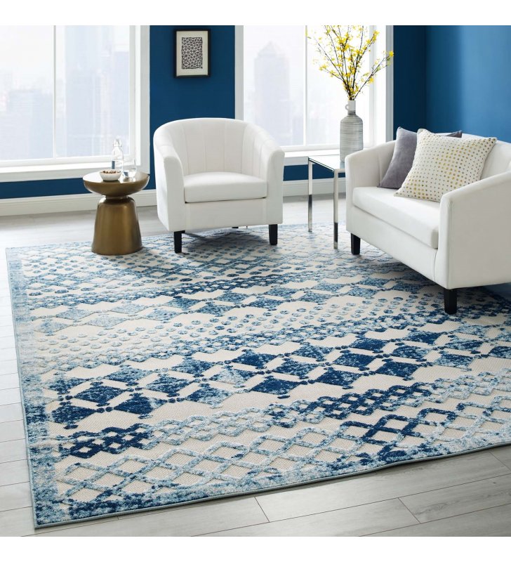 Reflect Giada Abstract Diamond Moroccan Trellis 8x10 Indoor/Outdoor Area Rug in Ivory and Blue - Lexmod