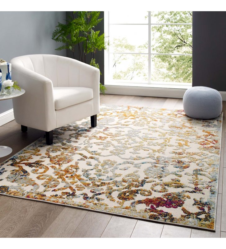 Reflect Primrose Ornate Floral Lattice 5x8 Indoor/Outdoor Area Rug in Ivory, Light Blue,Multicolored - Lexmod