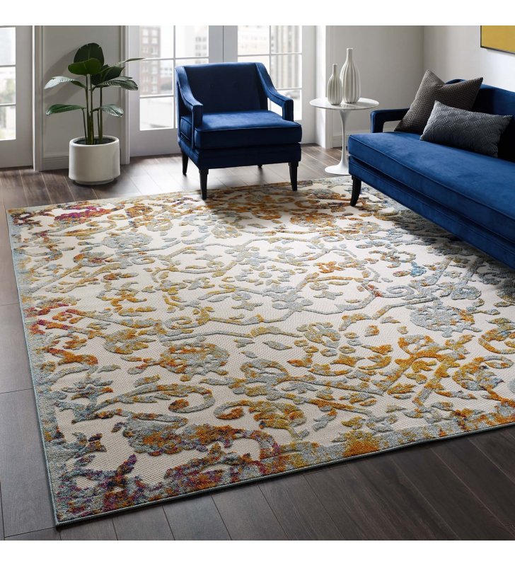 Reflect Primrose Ornate Floral Lattice 8x10 Indoor/Outdoor Area Rug in Ivory,Light Blue,Multicolored - Lexmod