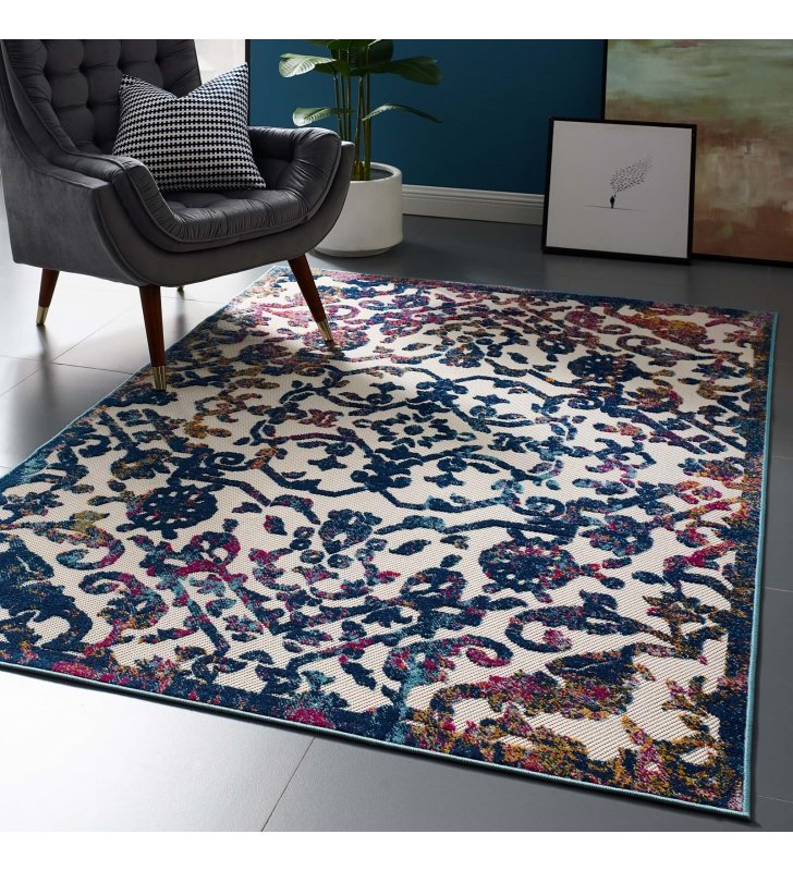 Reflect Primrose Ornate Floral Lattice 5x8 Indoor/Outdoor Area Rug in Ivory, Dark Blue, Multicolored - Lexmod