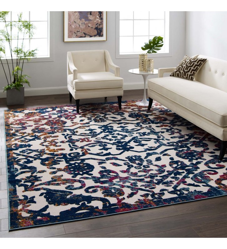 Reflect Primrose Ornate Floral Lattice 8x10 Indoor/Outdoor Area Rug in Ivory,Dark Blue,Multicolored - Lexmod
