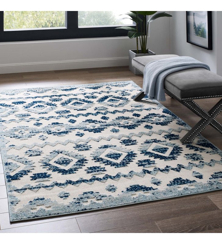 Reflect Takara Abstract Diamond Moroccan Trellis 5x8 Indoor and Outdoor Area Rug in Ivory and Blue - Lexmod