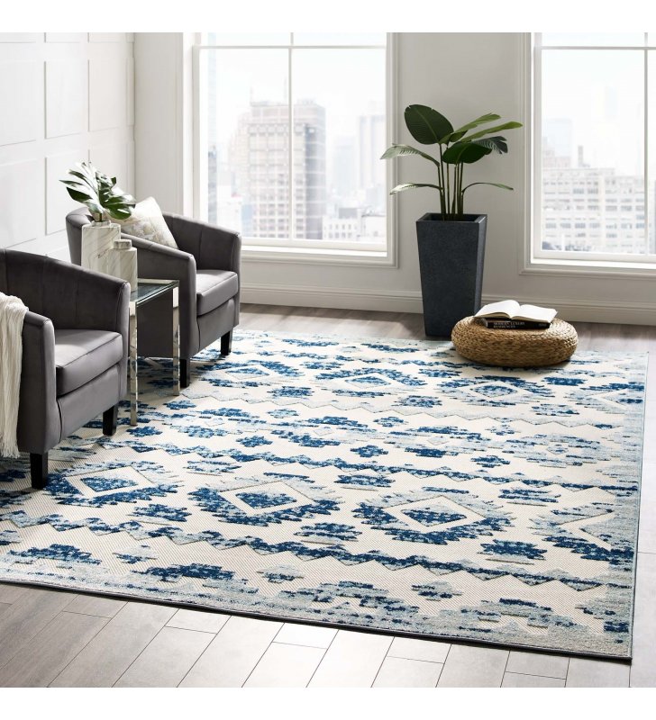 Reflect Takara Abstract Diamond Moroccan Trellis 8x10 Indoor and Outdoor Area Rug in Ivory and Blue - Lexmod