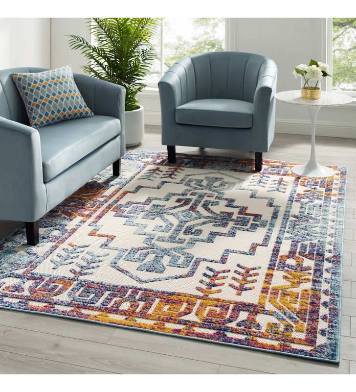 Reflect Nyssa Distressed Geometric Southwestern Aztec 5x8 Indoor/Outdoor Area Rug in Multicolored - Lexmod