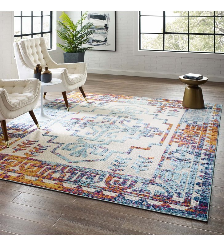 Reflect Nyssa Distressed Geometric Southwestern Aztec 8x10 Indoor/Outdoor Area Rug in Multicolored - Lexmod