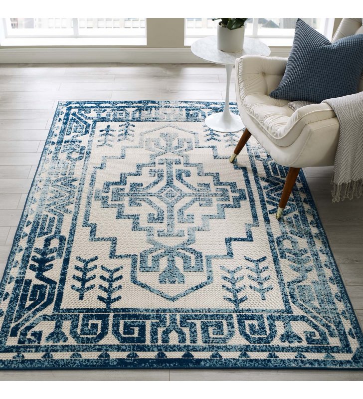 Reflect Nyssa Distressed Geometric Southwestern Aztec 5x8 Indoor/Outdoor Area Rug in Ivory and Blue - Lexmod