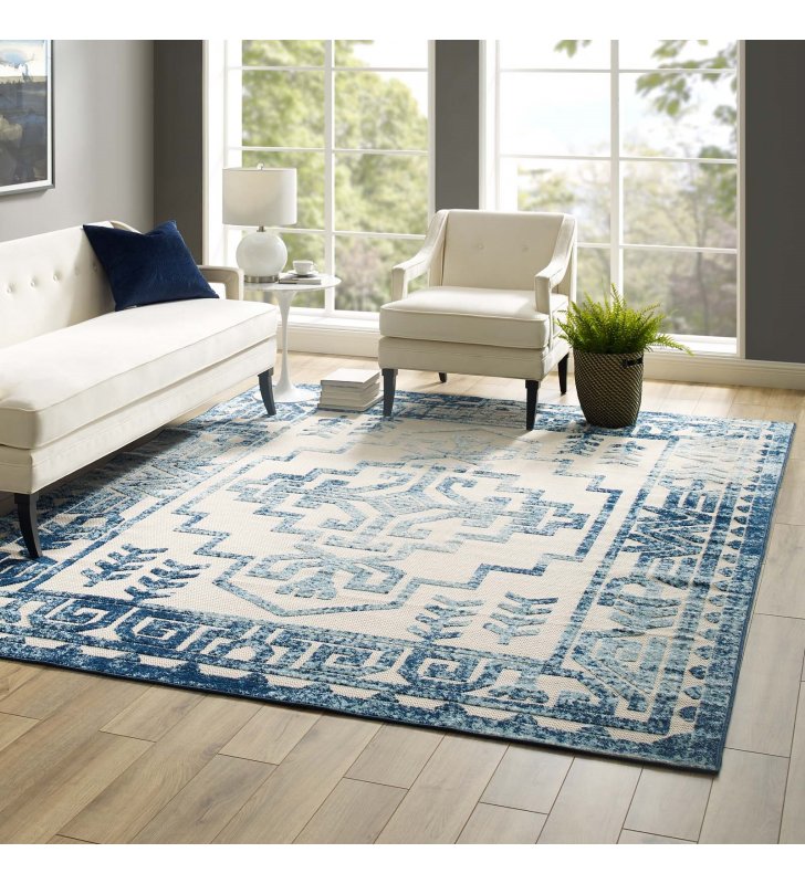 Reflect Nyssa Distressed Geometric Southwestern Aztec 8x10 Indoor/Outdoor Area Rug in Ivory and Blue - Lexmod