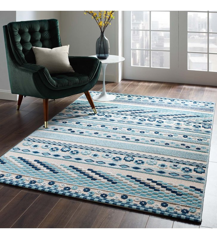 Reflect Cadhla Vintage Abstract Geometric Lattice 5x8 Indoor and Outdoor Area Rug in Ivory and Blue - Lexmod