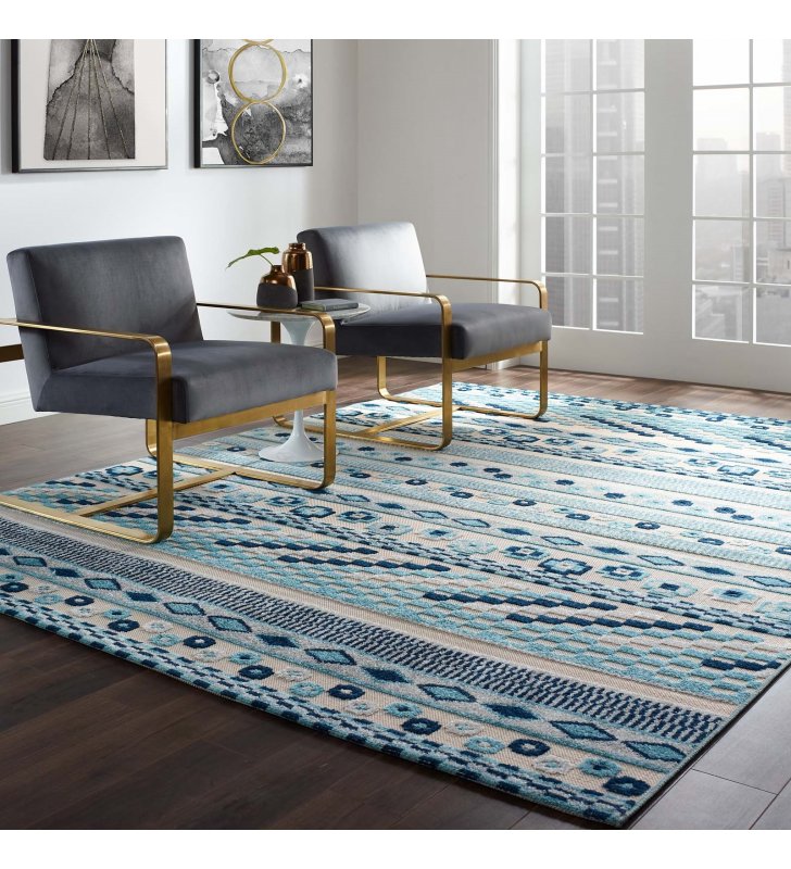 Reflect Cadhla Vintage Abstract Geometric Lattice 8x10 Indoor and Outdoor Area Rug in Ivory and Blue - Lexmod