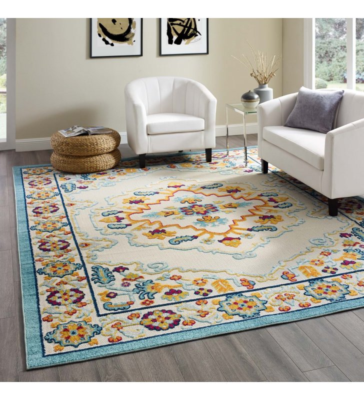 Reflect Ansel Distressed Floral Persian Medallion 8x10 Indoor and Outdoor Area Rug in Multicolored - Lexmod