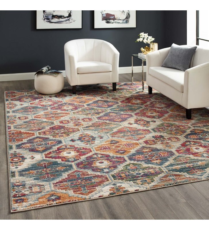 Tribute Azalea Distressed Vintage Floral Lattice 8x10 Area Rug in Multicolored - Lexmod