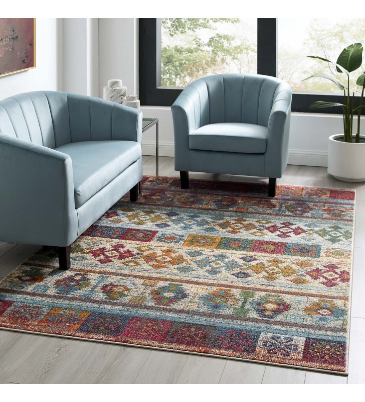 Tribute Nala Distressed Vintage Floral Lattice 5x8 Area Rug in Multicolored - Lexmod