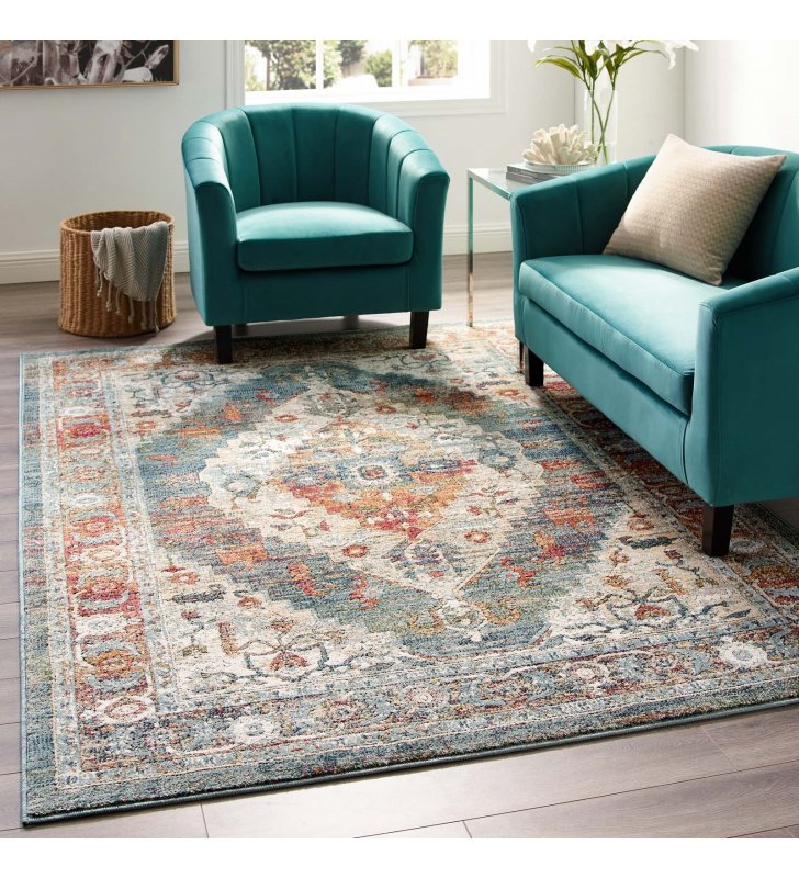 Tribute Camellia Distressed Vintage Floral Persian Medallion 5x8 Area Rug in Multicolored - Lexmod