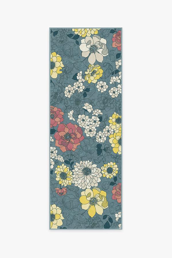 Floret Teal Blue Rug 2.5'x7' | Stain-Resistant